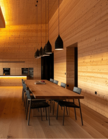 Intérieur salle à manger bois lambri